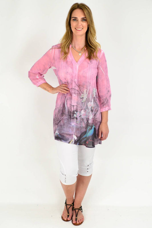 Pink orchid tunic shirt by David Jessie, lightweight tops and shirts with a flowy, feminine silhouette and floral design.