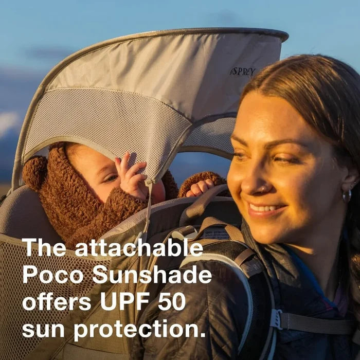 מנשא Poco SLT של Osprey עם כיסוי שמש פרוס להגנה מפני קרינה בטיולים