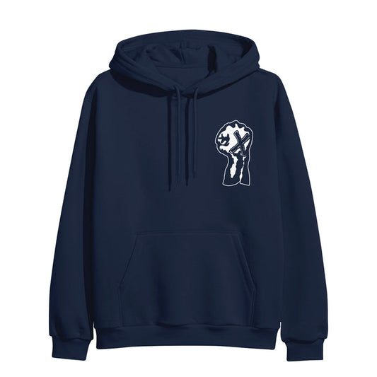 A navy blue heavyweight pullover hoodie from Youth Of Today with a front pocket and a white raised fist X graphic is on presale now.