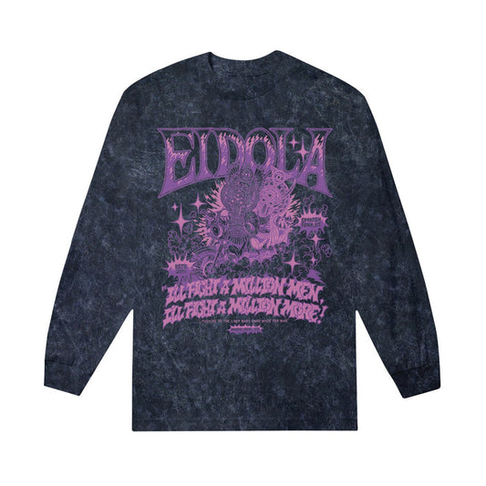 A navy long sleeve shirt by Eidola featuring a purple, intricate graphic and the text: “EIDOLA” and “I'll fight a million fakes, I'll fight a million more!” on the front.