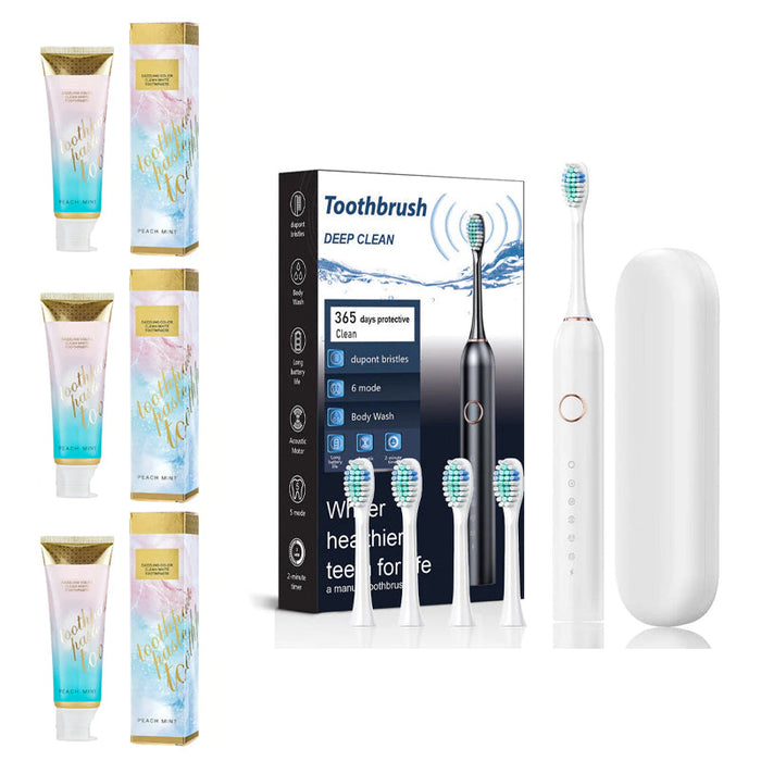 Toothpaste（3 pcs）+Adult Sonic Electric Toothbrush（4 brush heads + storage box）-White