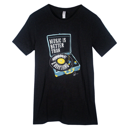 Matt Nathanson Black Bella + Canvas T-Shirt with a vintage record player graphic. The record says "Music is better than everything" in bold white letters, with yellow and blue accents highlighting this stylish tee.