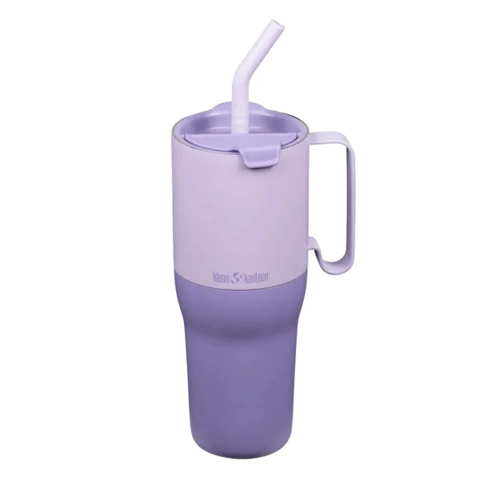 כוס תרמית Klean Kanteen Rise בנפח 1065 מ"ל עם ידית, מכסה וקש סיליקון.