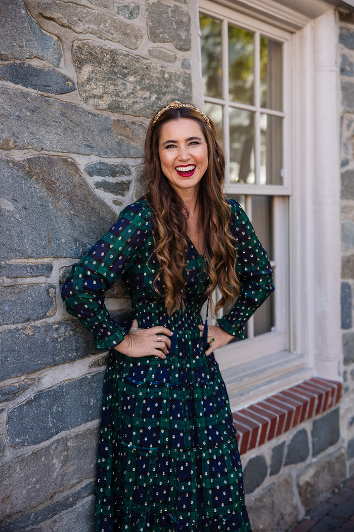 Outdoor model in the Sail to Sable Smocked Waist Midi Dress - Blackwatch Plaid