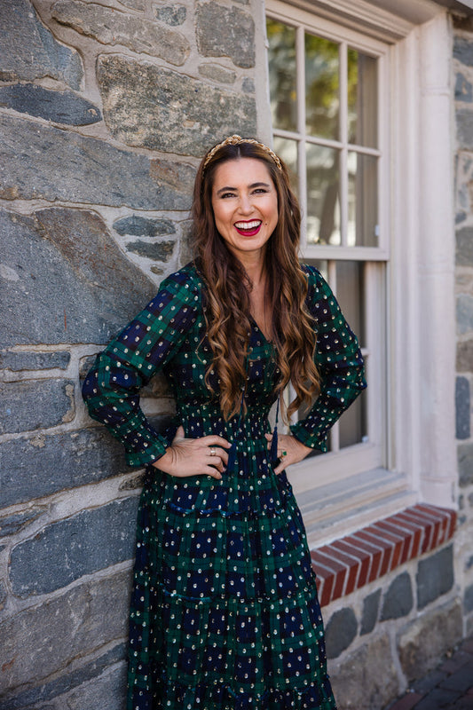 Outdoor model in the Sail to Sable Smocked Waist Midi Dress - Blackwatch Plaid