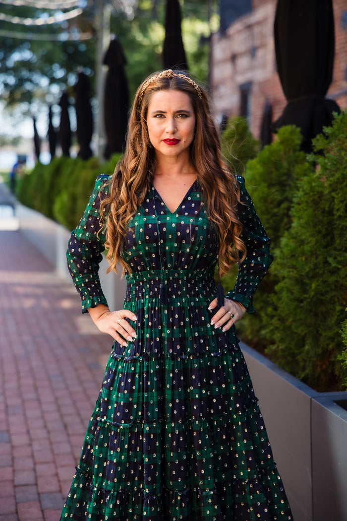 Outdoor model in the Sail to Sable Smocked Waist Midi Dress - Blackwatch Plaid