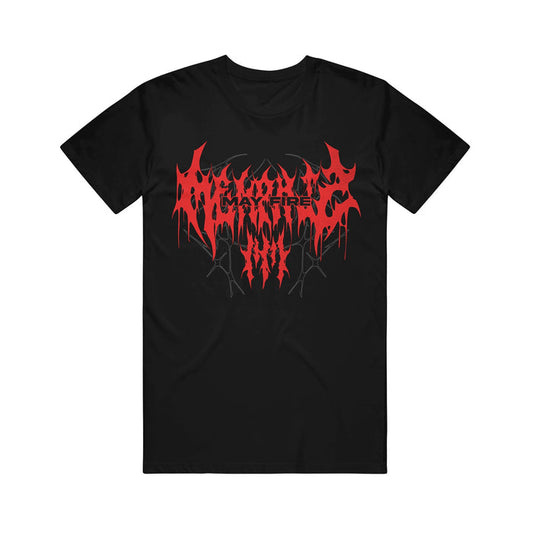 Black T-Shirt featuring a red, jagged, and dripping "Memphis May Fire" graphic in heavy metal style on the chest—perfect band merch from the Shapeshifter Tour.