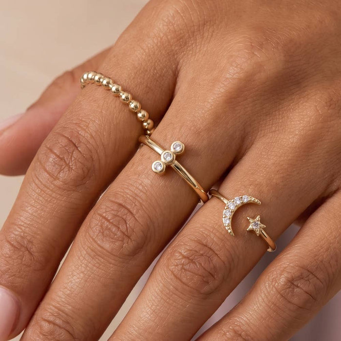 Silver Dipped Cz Moon And Star Ring Set