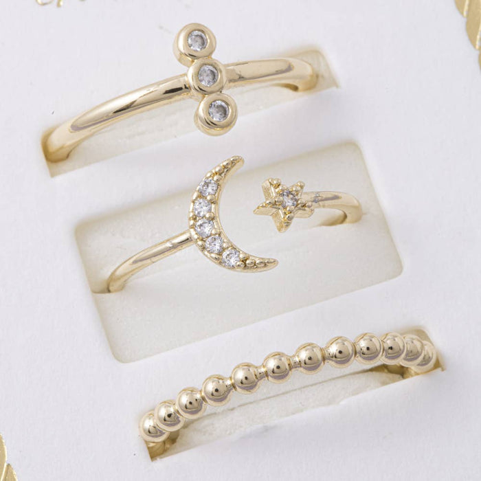 Silver Dipped Cz Moon And Star Ring Set