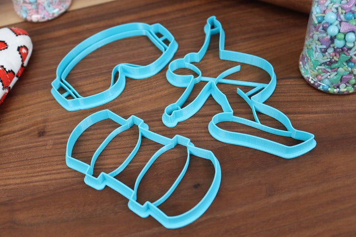 Skillful Snowboarding Cookie Cutters - Snowboard, Snowboarder Cat, Snowboarder Outline, Snowboarding Goggles, Snowboarding Mitten - Sports
