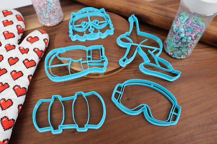 Skillful Snowboarding Cookie Cutters - Snowboard, Snowboarder Cat, Snowboarder Outline, Snowboarding Goggles, Snowboarding Mitten - Sports