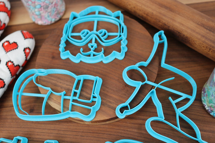 Skillful Snowboarding Cookie Cutters - Snowboard, Snowboarder Cat, Snowboarder Outline, Snowboarding Goggles, Snowboarding Mitten - Sports