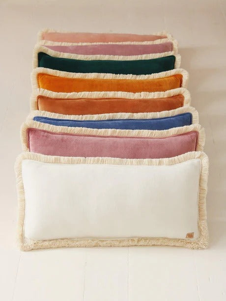 Soft Velvet Bolster with Fringe White