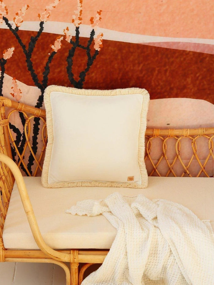 Soft Velvet Cushion with Fringe White