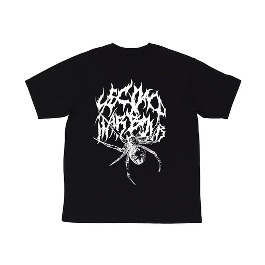 A black Second Harbour T-shirt featuring a large white spider graphic beneath stylized flame-like text. The bold jagged print seamlessly blends with the spider design on the front of this striking tee.