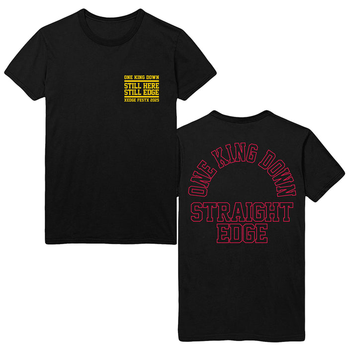 Black One King Down heavy cotton T-shirt with yellow front left text: “ONE KING DOWN STILL HERE STILL EDGE XXIDE FIRST 2005” and large red back text: “ONE KING DOWN STRAIGHT EDGE.” Ideal for fans of standout printed shirts.