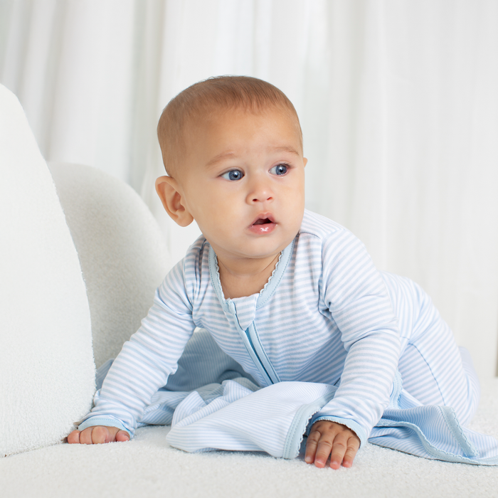 Striped Zipper Footie - Blue Stripe - Wee Bee Baby Boutique
