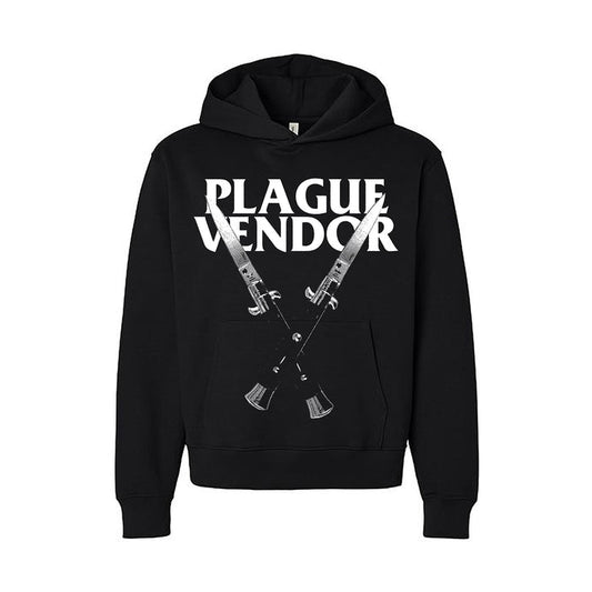A black Plague Vendor hoodie with "PLAGUE VENDOR" in bold white letters above two crossed bayoneted rifles custom printed on the front.