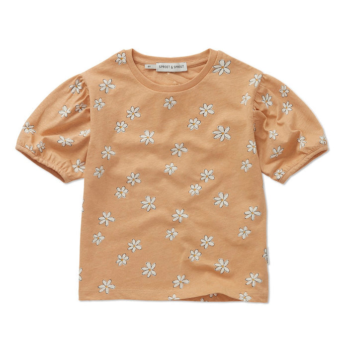 T-Shirt Puff Sleeve Daisies Print Nectarine
