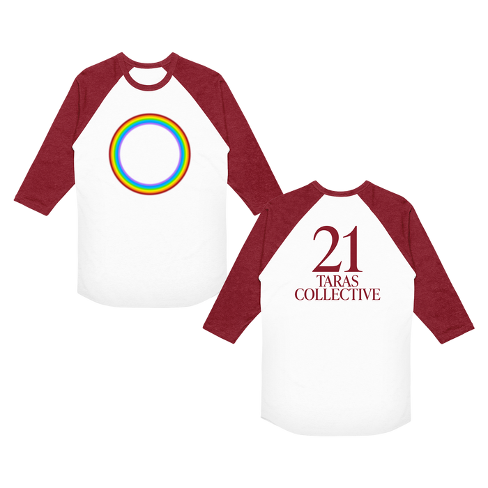 Two white and maroon three-quarter sleeve t-shirts from 21 Taras Collective feature a rainbow circle on the front and "21 TARAS COLLECTIVE" in bold maroon on the back. Made of soft combed ring-spun cotton.