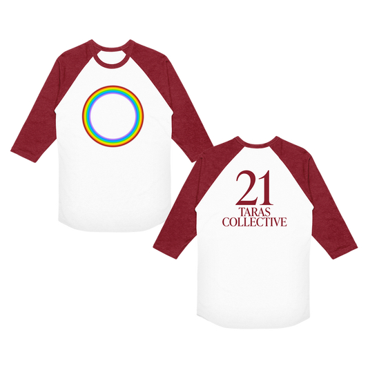 Two white and maroon three-quarter sleeve t-shirts from 21 Taras Collective feature a rainbow circle on the front and "21 TARAS COLLECTIVE" in bold maroon on the back. Made of soft combed ring-spun cotton.