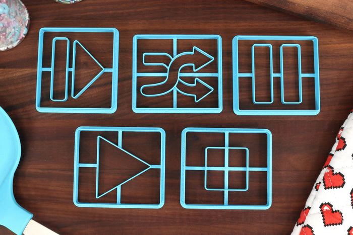 Technology Symbols Cookie Cutters, Set 2 - Eject Button, Pause Button, Play Button, Shuffle Button, Stop Button - More Internet Icons