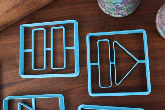 Technology Symbols Cookie Cutters, Set 2 - Eject Button, Pause Button, Play Button, Shuffle Button, Stop Button - More Internet Icons