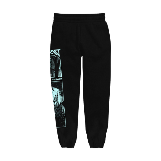 Black Dead Air Divine sweatpants with elastic waistband and cuffs, pill-resistant fleece, and a vertical blue graphic featuring abstract shapes, text, and images on one leg.