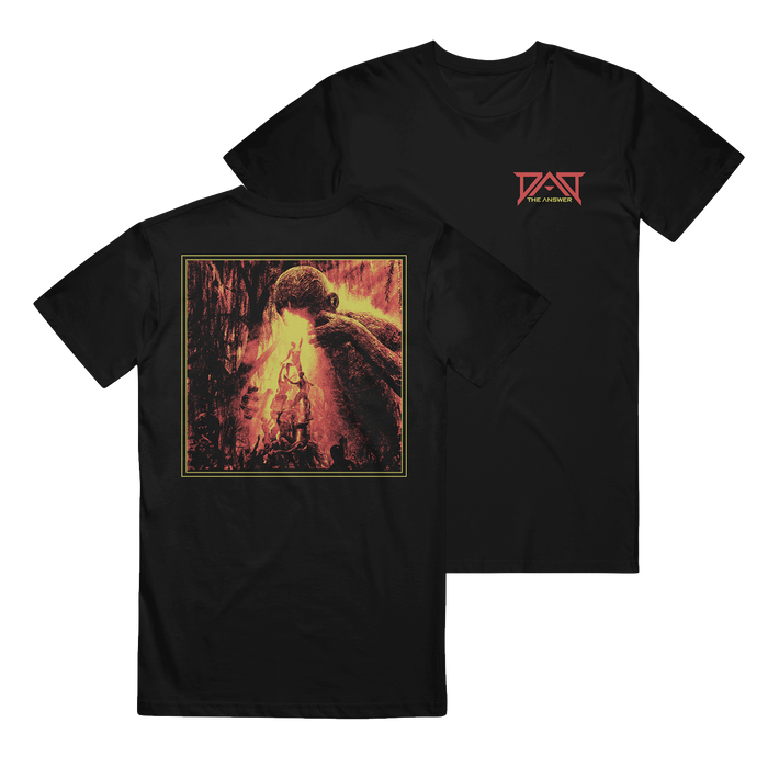 The Dead Air Divine classic black T-shirt is made from 100% cotton, featuring a red logo on the front left chest and striking fiery artwork on the back with a large creature towering over smaller figures in a dramatic scene.