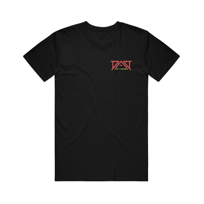 Dead Air Divine black t-shirt in classic fit, 100% cotton, with a small red and white “PAST” above “THE ANSWER” on the left chest. Shown on a plain white background.