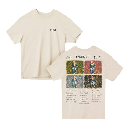 Beige Kyndal Lane Seven T-Shirt with HYNESL on the front left chest. Oversized boxy fit and heavyweight pigment-dyed jersey. Back features THE BAREFOOT TOUR, four colorful sitting photos, and a list of cities and states.