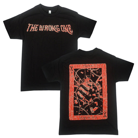 Sorry X black t-shirt featuring “THE WRONG ONE” in bold, red distorted text across the front. The back showcases a striking large abstract red and black graphic designed to resemble a playing card. Made from 100% U.S. cotton, this American Apparel T-Shirt provides a relaxed fit for comfortable, everyday wear and standout style.