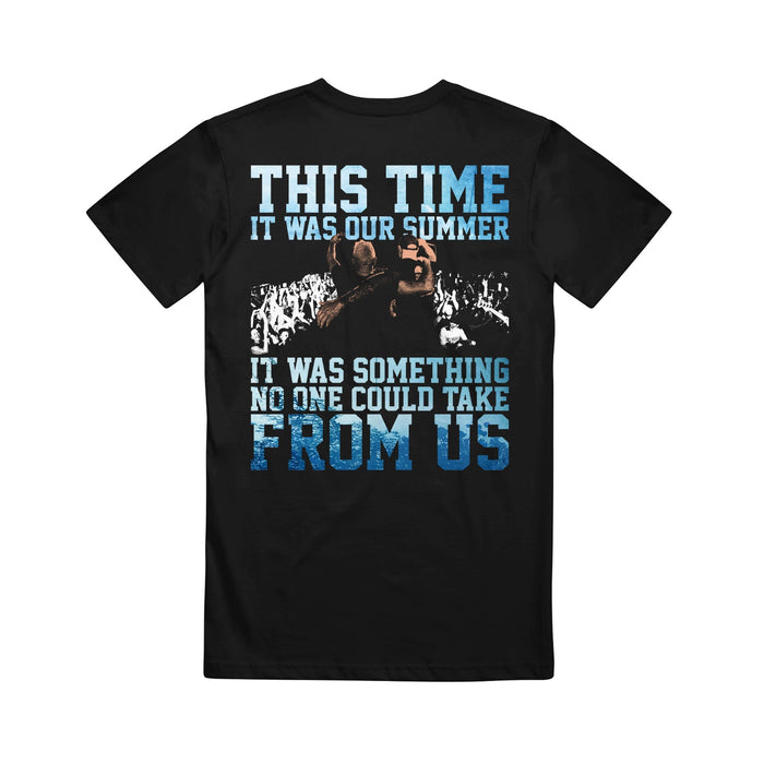Misery Signals black Comfort Colors t-shirt with a graphic of a band playing on stage and a crowd. Large white and blue text reads: This time it was our summer. It was something no one could take from us.