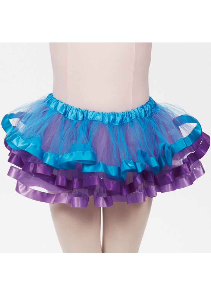 Tutu made of three layers of ribbon and tulle in turquoise, purple, and lilac, with elastic waistband.