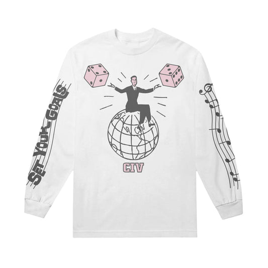 A white CIV long-sleeved t-shirt made from heavy cotton, featuring a printed design of a man on a globe and dice.