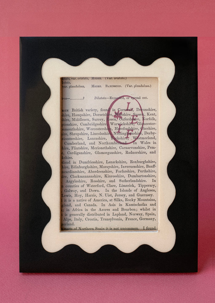 A black picture frame with cream squiggle frame around picture opening.