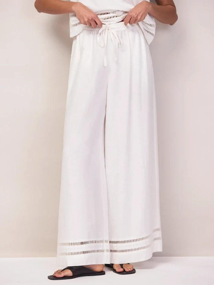 White Ladder Trim Wide Leg Trousers With Linen Co-Ord