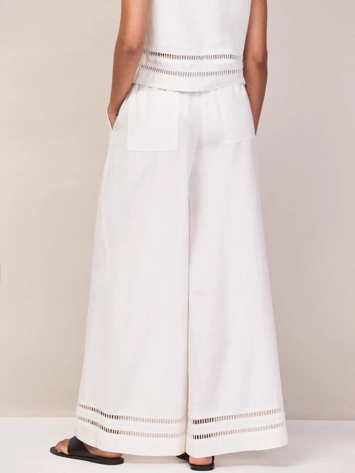 White Ladder Trim Wide Leg Trousers With Linen Co-Ord