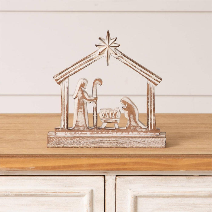 Whitewashed Carved Wood Nativity