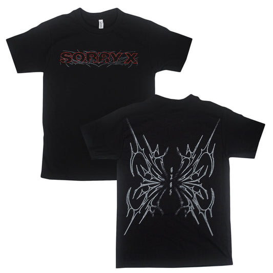Black t-shirt by Sorry X featuring “SORRY X” in red and gray on the front, and a large abstract spiked white graphic with “GIVEN” text centered on the back. Made from 100% U.S. cotton for superior comfort, this relaxed fit American Apparel tee offers bold style and quality craftsmanship.
