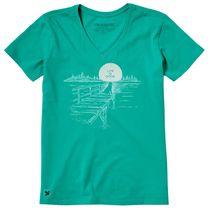 Women's Dock Dog Landscape Sunset Short Sleeve Crusher-LITE Cotton Vee Neck Shirt