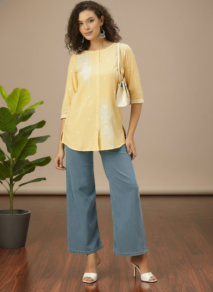 Yellow Floral Embroidered Tunic, Short Kurta, Short Kurti, Yellow Short Kurta, Embroidered Short Kurta