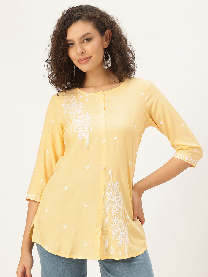 Yellow Floral Embroidered Tunic, Short Kurta, Short Kurti, Yellow Short Kurta, Embroidered Short Kurta