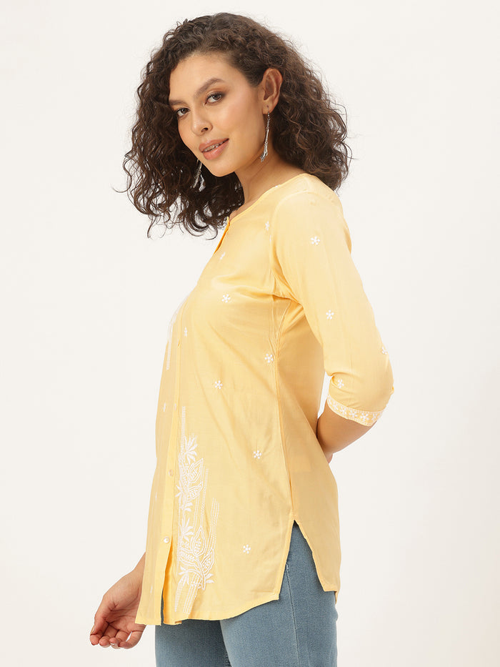 Yellow Floral Embroidered Tunic, Short Kurta, Short Kurti, Yellow Short Kurta, Embroidered Short Kurta