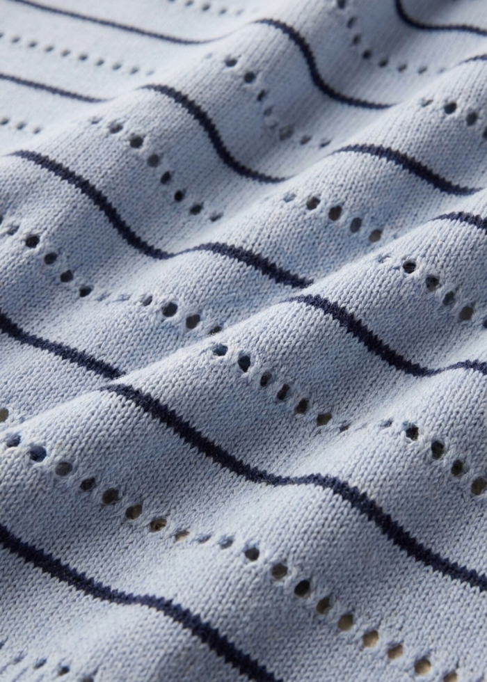 Close up of a blue and navy striped sweater