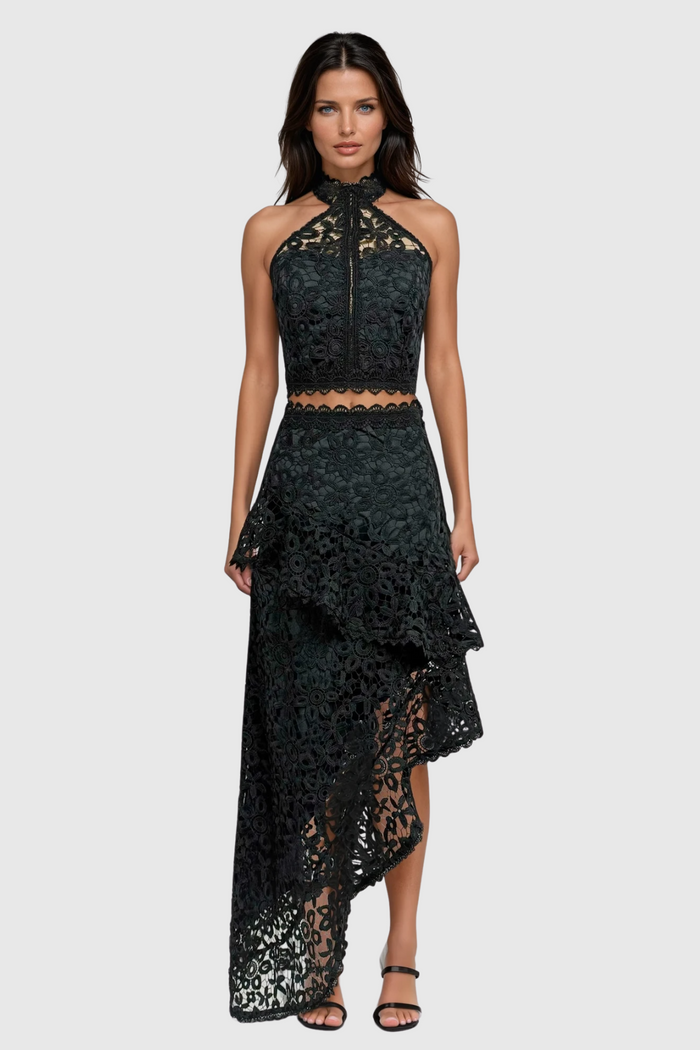 Zan Halter Neck Asymmetric Lace Maxi Skirt Set