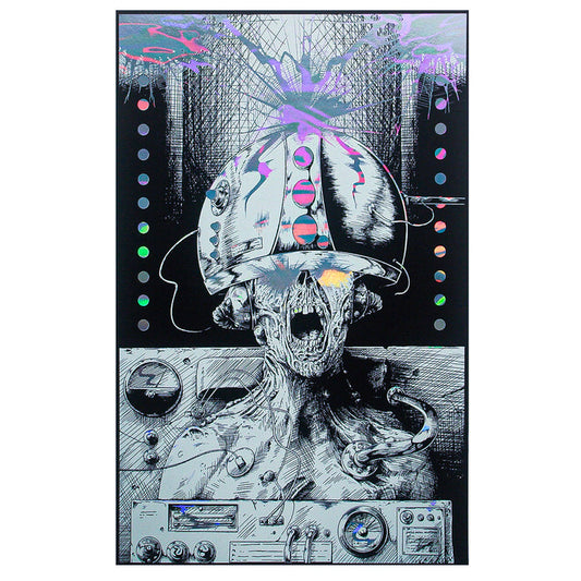 A skeletal humanoid with a futuristic helmet sits amid machines, colorful lights bursting from the helmet. This dark, cyberpunk poster tube by Castle Jackal is perfect for storing or shipping posters safely in style.