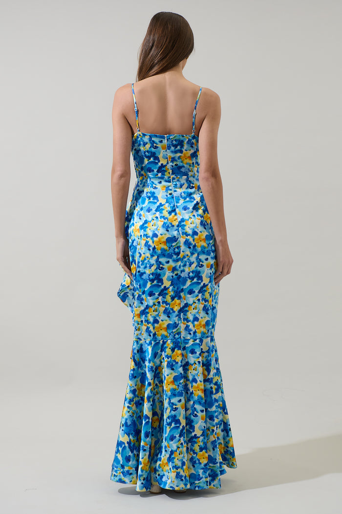 Zia Floral Satin Doris Ruffle Maxi Dress