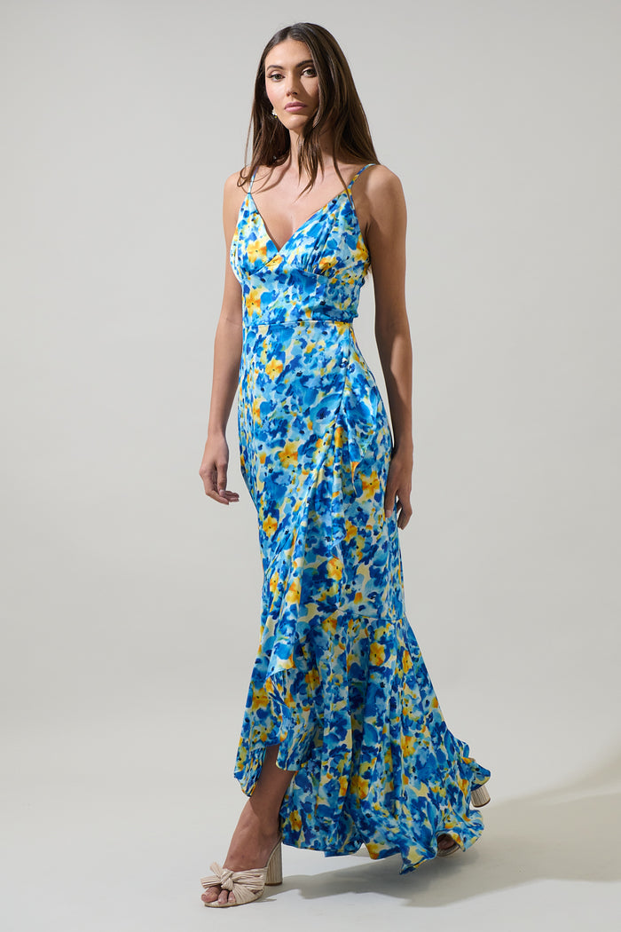Zia Floral Satin Doris Ruffle Maxi Dress